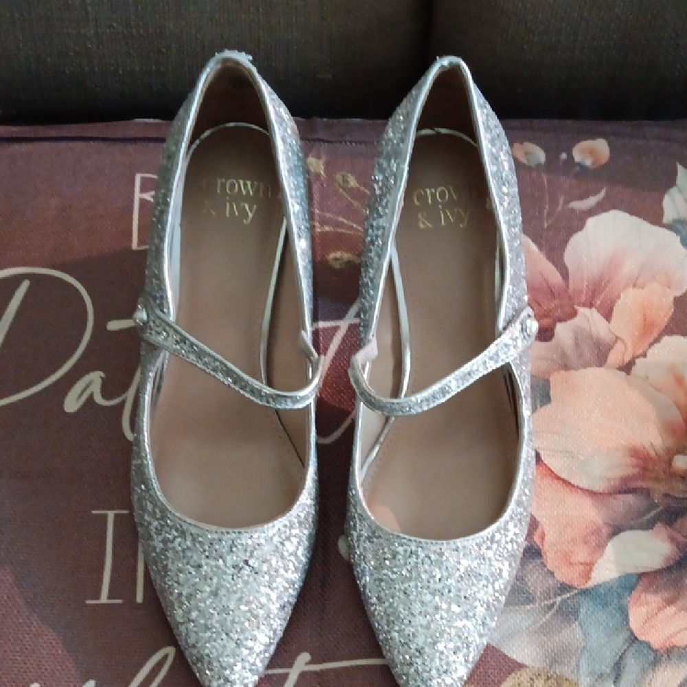 Crown & Ivy Sparkling Silver Mary Jane Heels